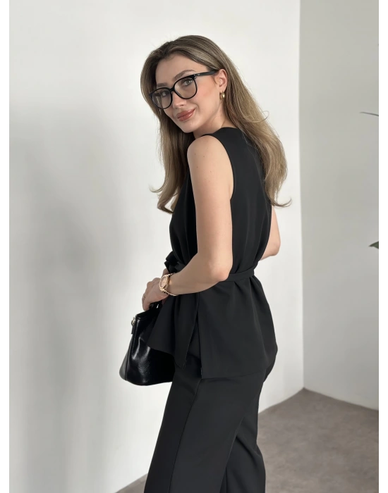 Belinden kuşaklı v yaka dabıl takım siyah