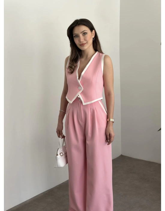 Beyaz şeritli crop boy yelekli takım pembe