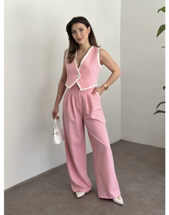 Beyaz şeritli crop boy yelekli takım pembe
