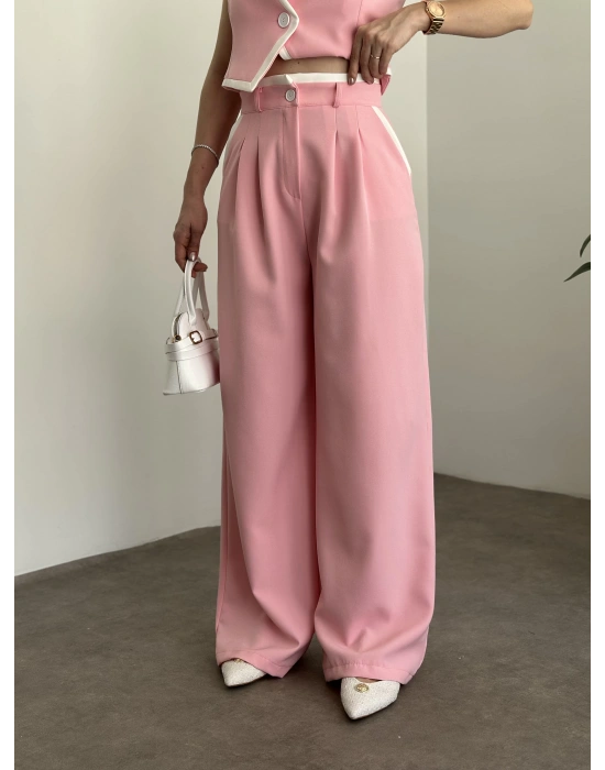 Beyaz şeritli crop boy yelekli takım pembe