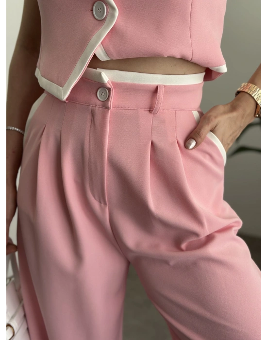 Beyaz şeritli crop boy yelekli takım pembe