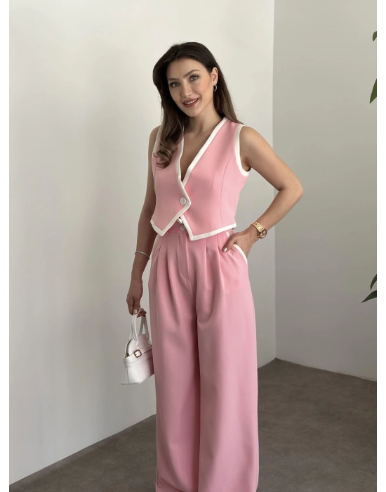 Beyaz şeritli crop boy yelekli takım pembe