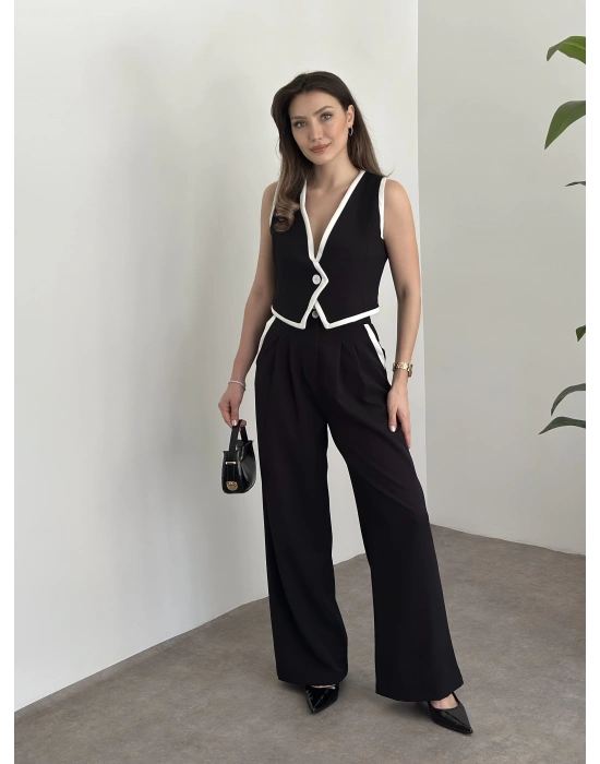 Beyaz şeritli crop boy yelekli takım siyah