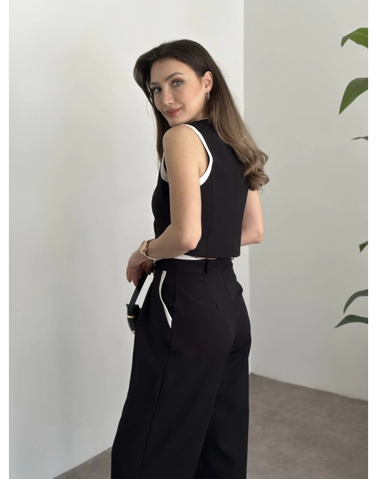 Beyaz şeritli crop boy yelekli takım siyah