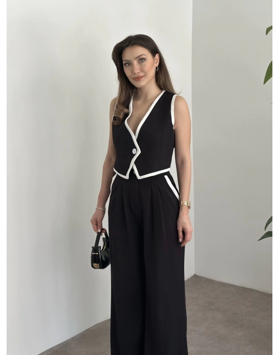 Beyaz şeritli crop boy yelekli takım siyah