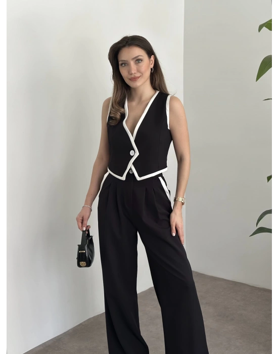 Beyaz şeritli crop boy yelekli takım siyah