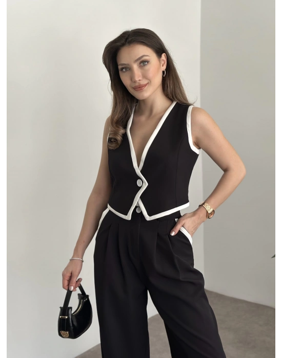 Beyaz şeritli crop boy yelekli takım siyah