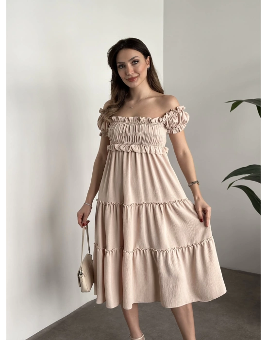 Bisiklet ve madonna yaka ayrobin elbise krem