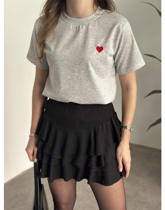 Bisiklet yaka bol kesim kalp nakışlı tişört gri