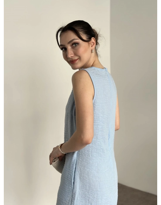 Bisiklet yaka cepli kısa keten elbise bebek mavisi