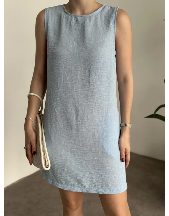 Bisiklet yaka cepli kısa keten elbise bebek mavisi