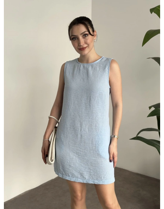 Bisiklet yaka cepli kısa keten elbise bebek mavisi