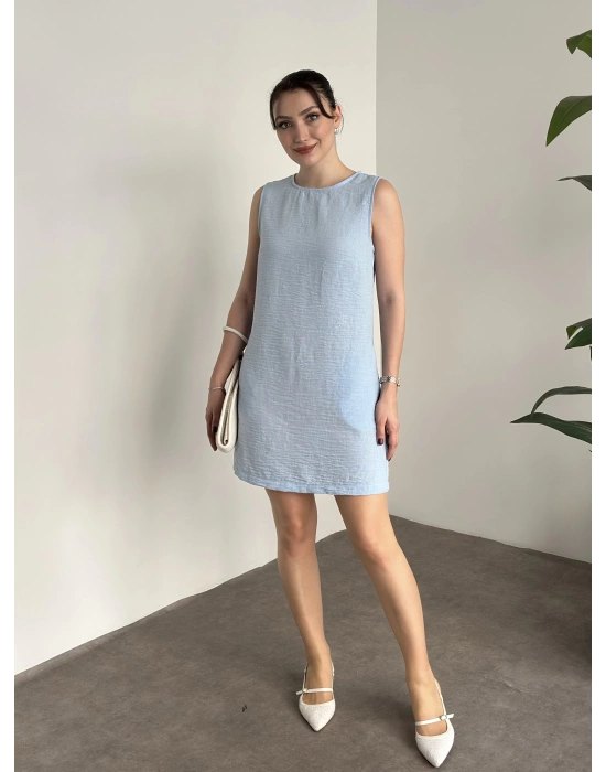 Bisiklet yaka cepli kısa keten elbise bebek mavisi