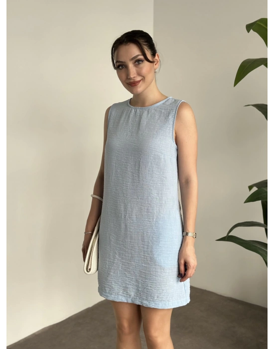 Bisiklet yaka cepli kısa keten elbise bebek mavisi