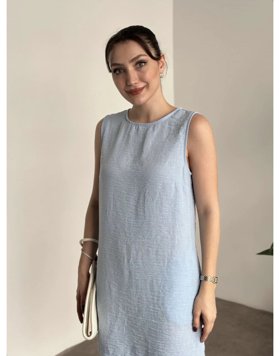 Bisiklet yaka cepli kısa keten elbise bebek mavisi