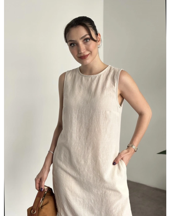 Bisiklet yaka cepli kısa keten elbise krem