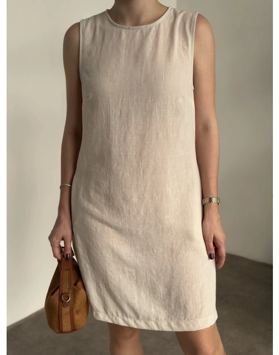 Bisiklet yaka cepli kısa keten elbise krem