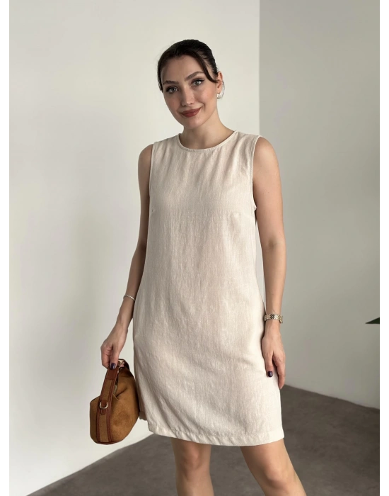 Bisiklet yaka cepli kısa keten elbise krem