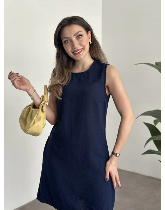 Bisiklet yaka cepli kısa keten elbise lacivert