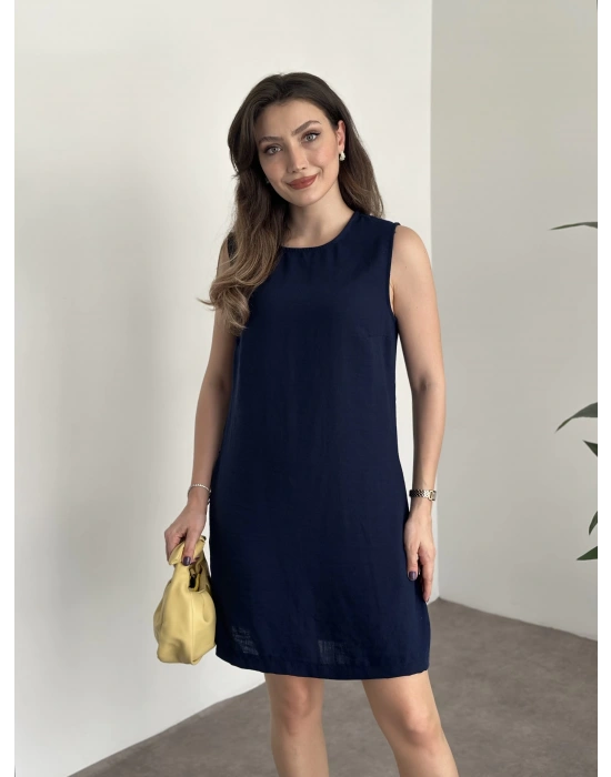 Bisiklet yaka cepli kısa keten elbise lacivert