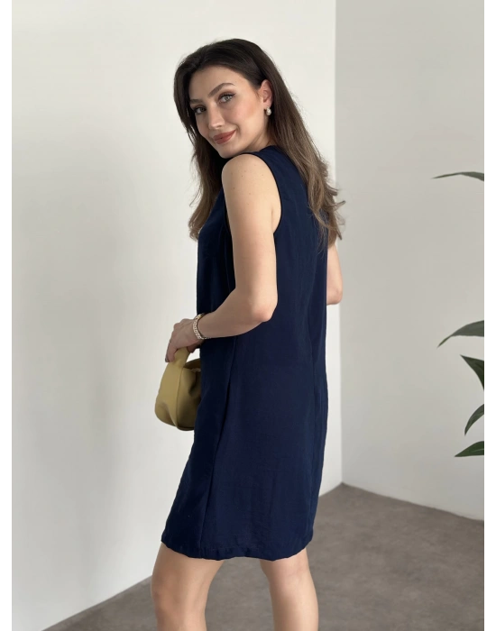 Bisiklet yaka cepli kısa keten elbise lacivert