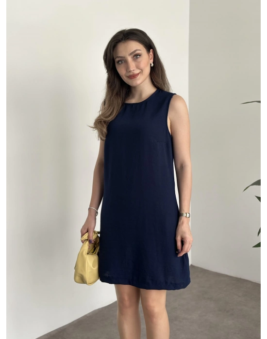 Bisiklet yaka cepli kısa keten elbise lacivert