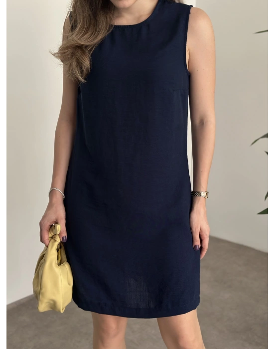 Bisiklet yaka cepli kısa keten elbise lacivert