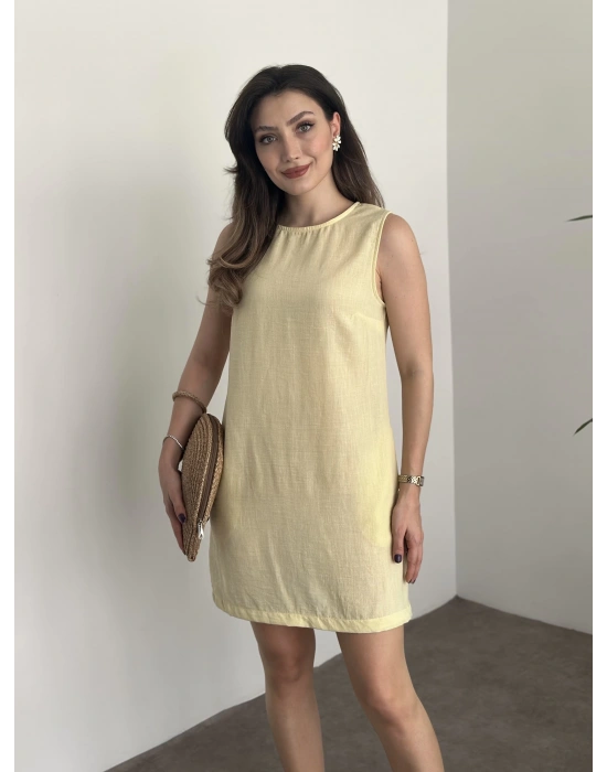 Bisiklet yaka cepli kısa keten elbise sarı