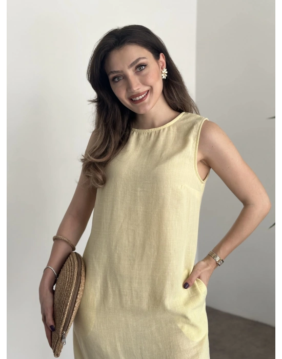 Bisiklet yaka cepli kısa keten elbise sarı
