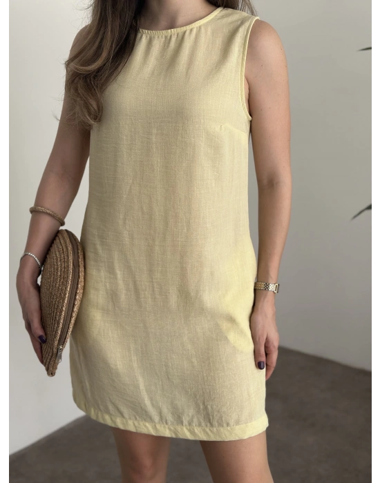 Bisiklet yaka cepli kısa keten elbise sarı