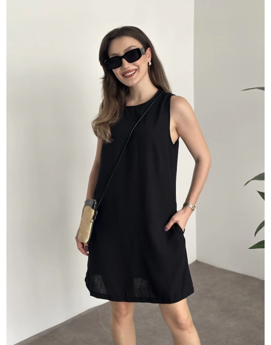 Bisiklet yaka cepli kısa keten elbise siyah