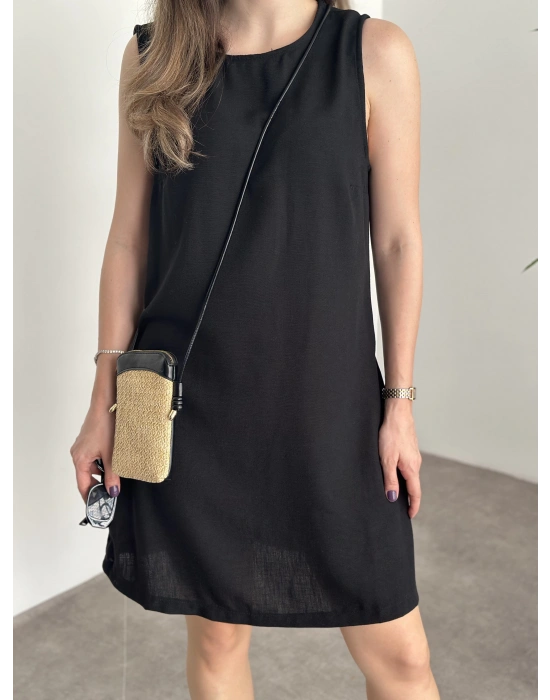 Bisiklet yaka cepli kısa keten elbise siyah