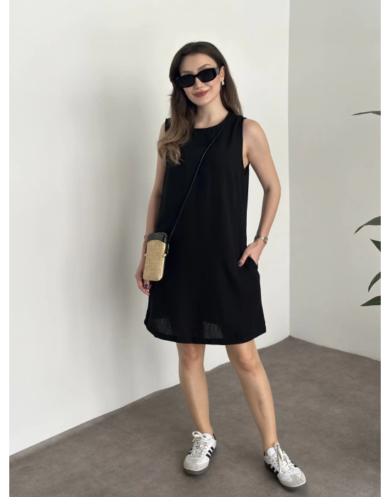 Bisiklet yaka cepli kısa keten elbise siyah