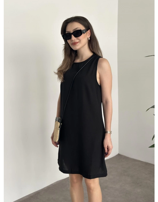 Bisiklet yaka cepli kısa keten elbise siyah