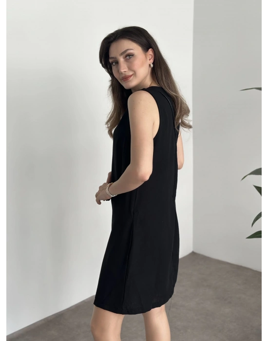 Bisiklet yaka cepli kısa keten elbise siyah