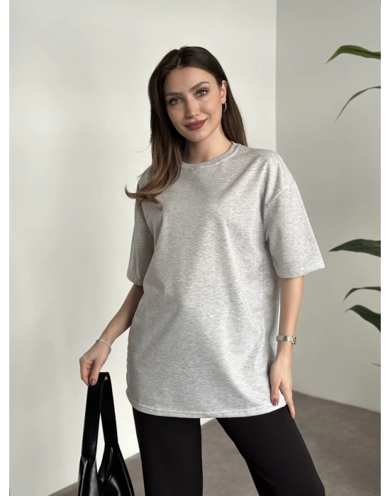 Bisiklet yaka marka etiketli oversize tişört açık gri