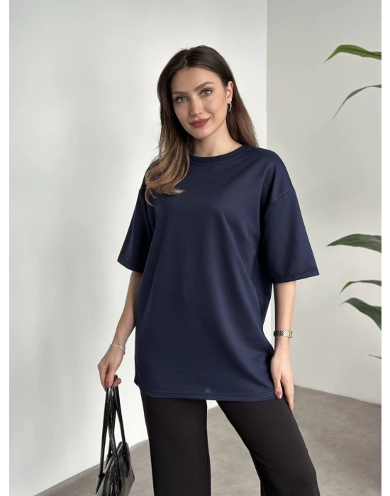 Bisiklet yaka marka etiketli oversize tişört lacivert