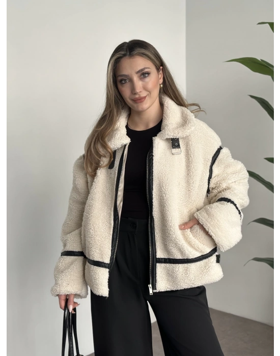 Biye detaylı içi astarlı teddy mont taş