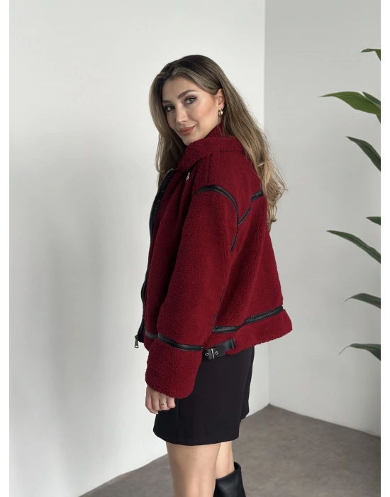 Biye detaylı içi astarlı teddy mont bordo