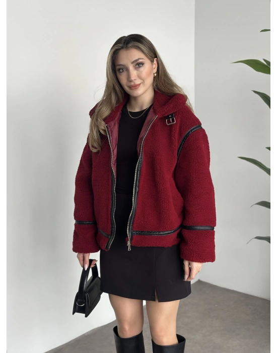 Biye detaylı içi astarlı teddy mont bordo