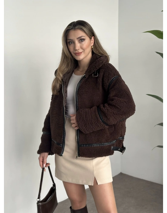 Biye detaylı içi astarlı teddy mont kahve