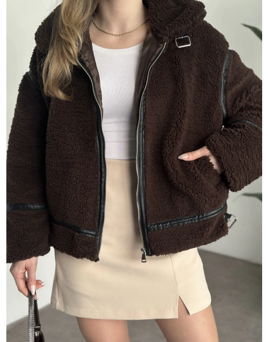 Biye detaylı içi astarlı teddy mont kahve