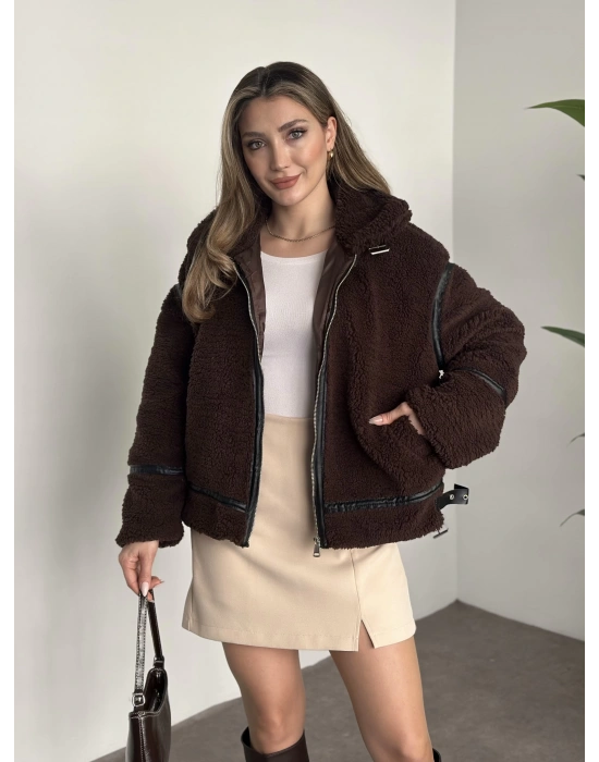 Biye detaylı içi astarlı teddy mont kahve