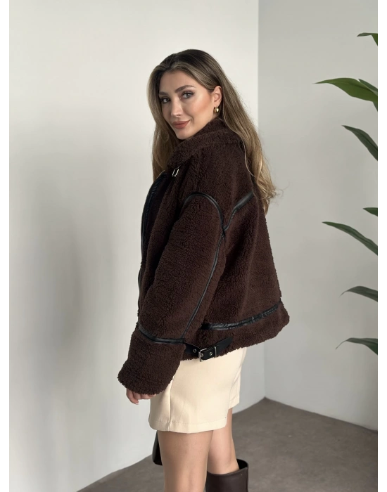 Biye detaylı içi astarlı teddy mont kahve