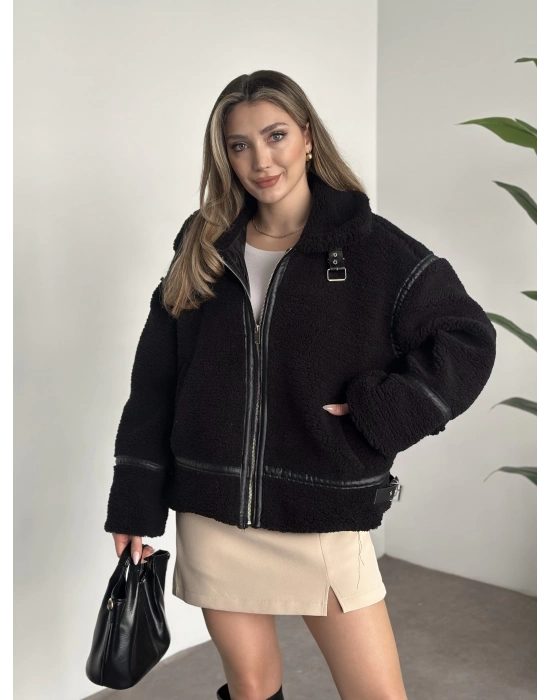 Biye detaylı içi astarlı teddy mont siyah