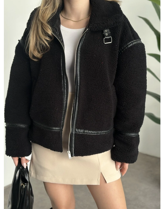 Biye detaylı içi astarlı teddy mont siyah