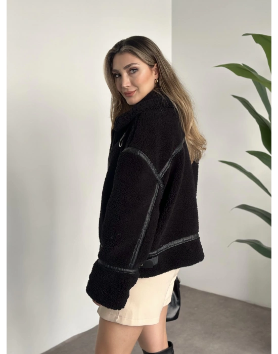 Biye detaylı içi astarlı teddy mont siyah