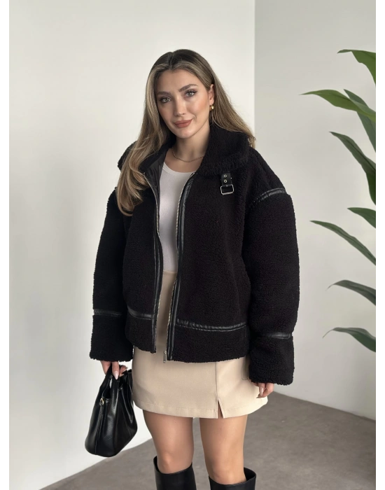 Biye detaylı içi astarlı teddy mont siyah
