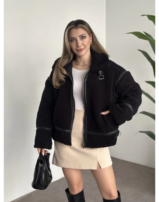 Biye detaylı içi astarlı teddy mont siyah