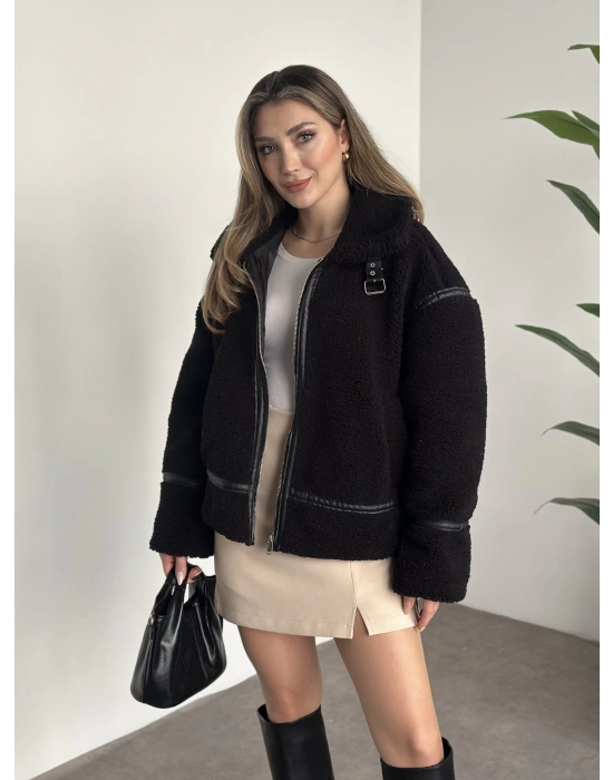 Biye detaylı içi astarlı teddy mont siyah